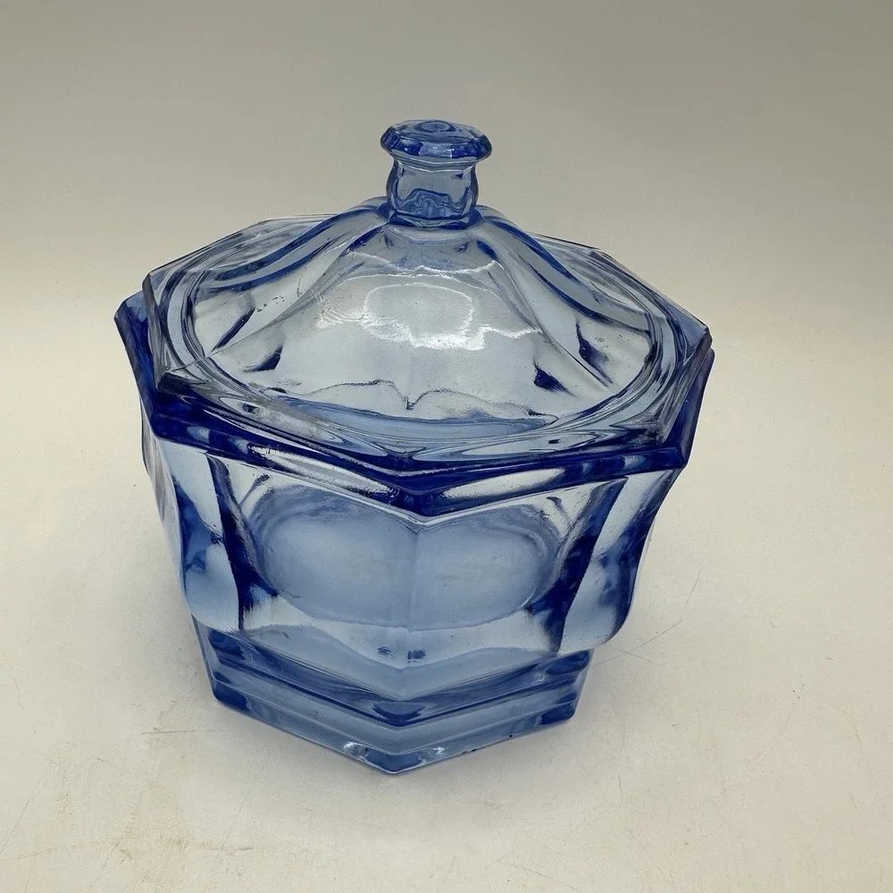 Vintage Indiana Glass Company‎ Concord Candy Dish W/Lid Blue Octagon 5.5